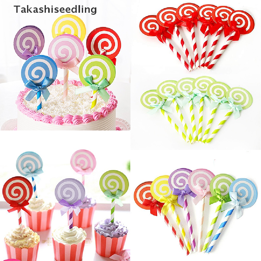 Set 6 Que Cắm Trang Trí Bánh Hình Kẹo Mút Thắt Nơ Màu Sắc Ngọt Ngào