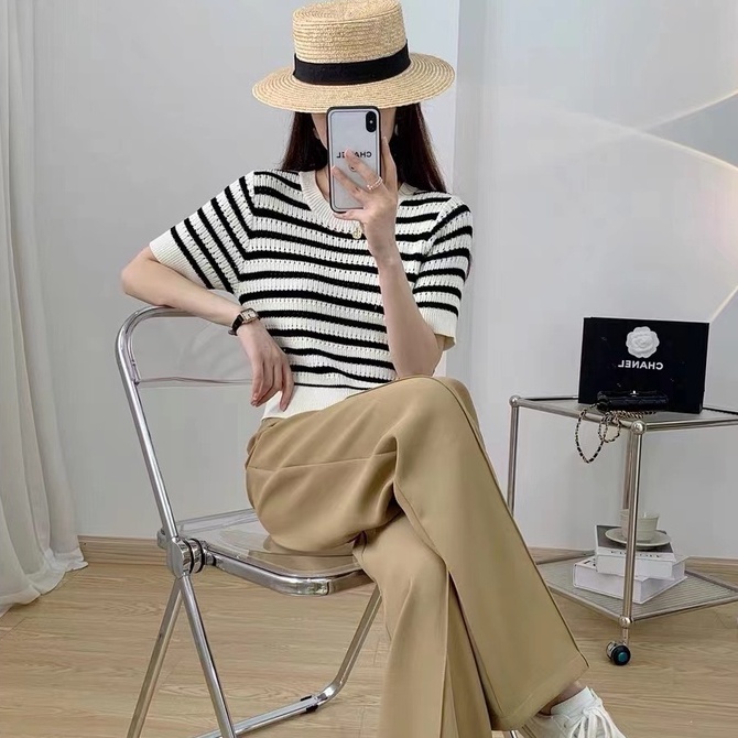 Áo thun ZHELIHANGFEI dệt kim tay ngắn cổ tròn họa tiết kẻ sọc trắng đen dễ thương cho nữ