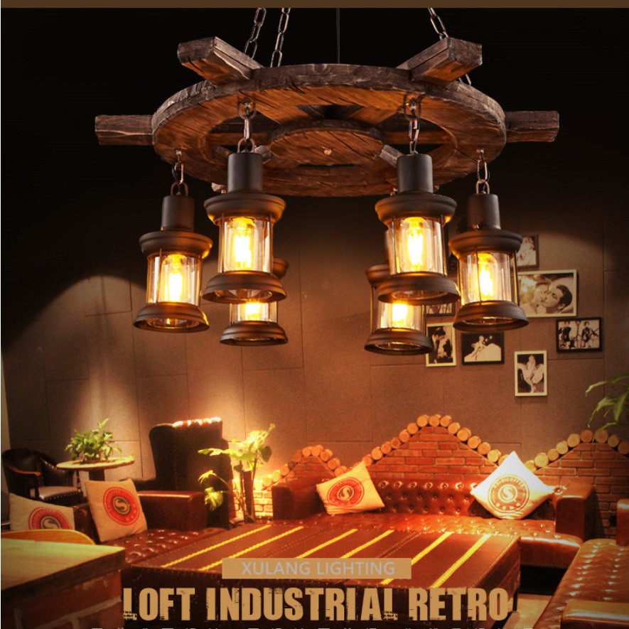 Đèn chùm gỗ thả trần decor vintage trang trí nhà hàng, quán bar phong cách cổ điển hình bánh lái tàu thuỷ