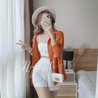 Sét bộ 3 món gồm áo sơ mi mix áo bra 2 dây có mút ngực kèm quần short đùi fashionzero - 90178