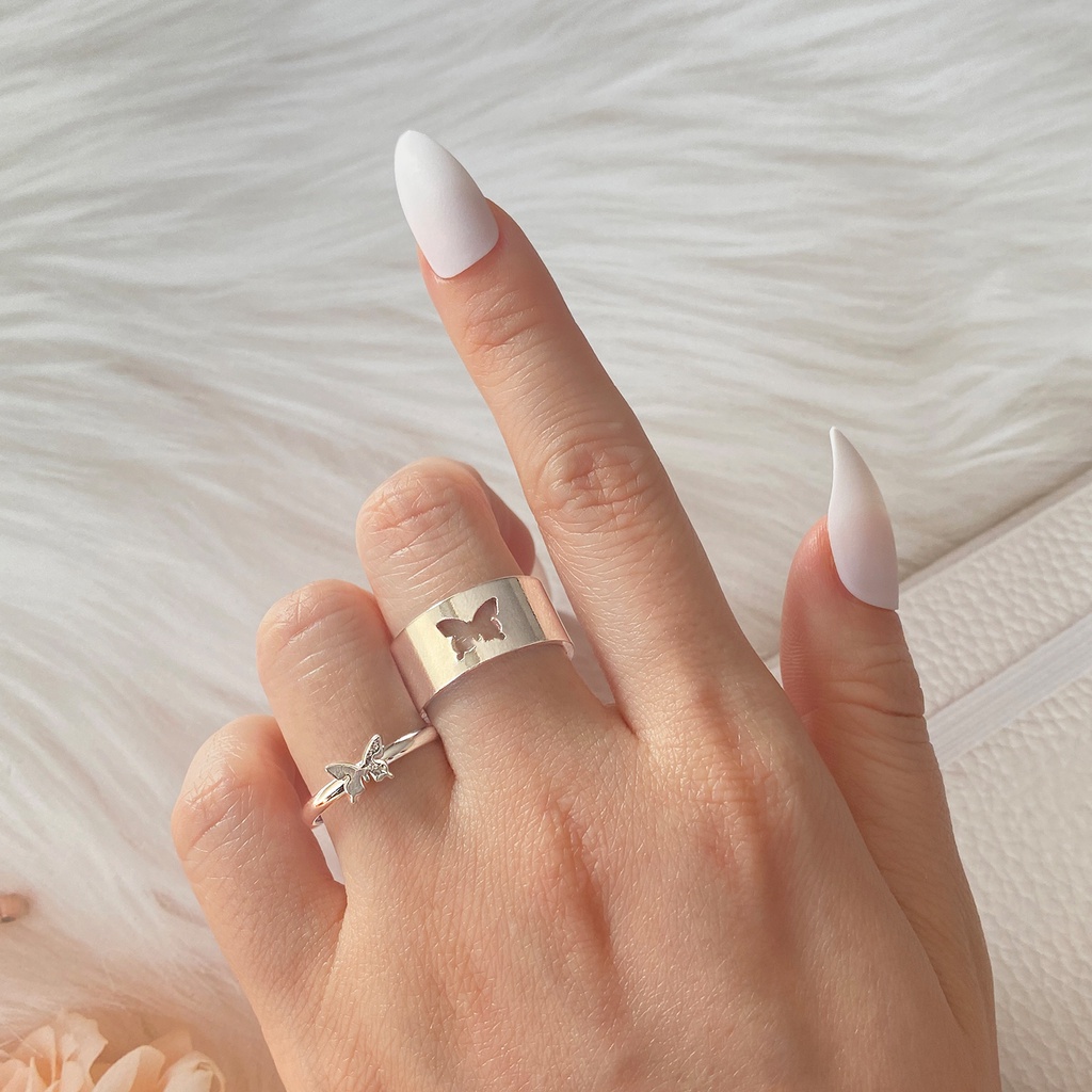 Set 2 Nhẫn Đeo Tay Kim Loại Họa Tiết Bướm Phong Cách Vintage Dành Cho Cặp Đôi