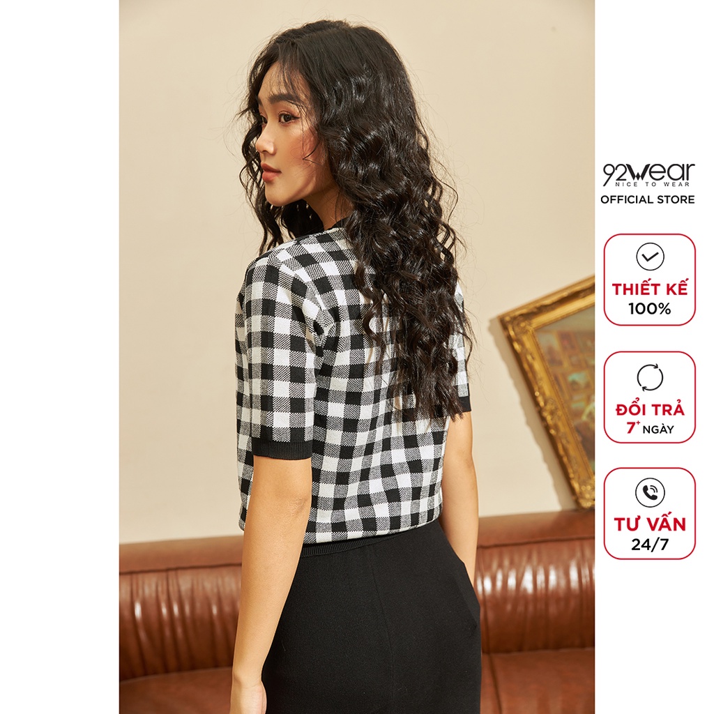 Áo len nữ ngắn tay cổ tròn 92WEAR, phong cách Hàn Quốc trẻ trung, họa tiết caro cá tính  ALA0056 | BigBuy360 - bigbuy360.vn