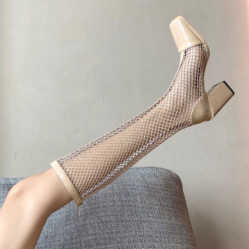 Giày Bốt Cao Gót Mũi Vuông Bằng Da Bóng Phối Lưới Thời Trang Mùa Hè Cho Nữ