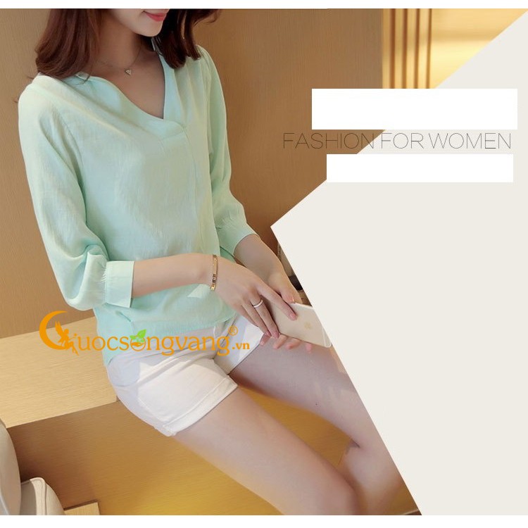 Áo nữ áo kiểu tay lỡ vạt trước ngắn sau đuôi tôm GLA034 xanh ngọc Cuocsongvang