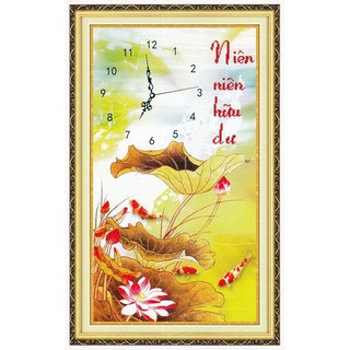 Tranh thêu cá chép hoa sen đồng hồ 222625 - kích thước: 34 * 54cm. (TRANH CHƯA LÀM)
