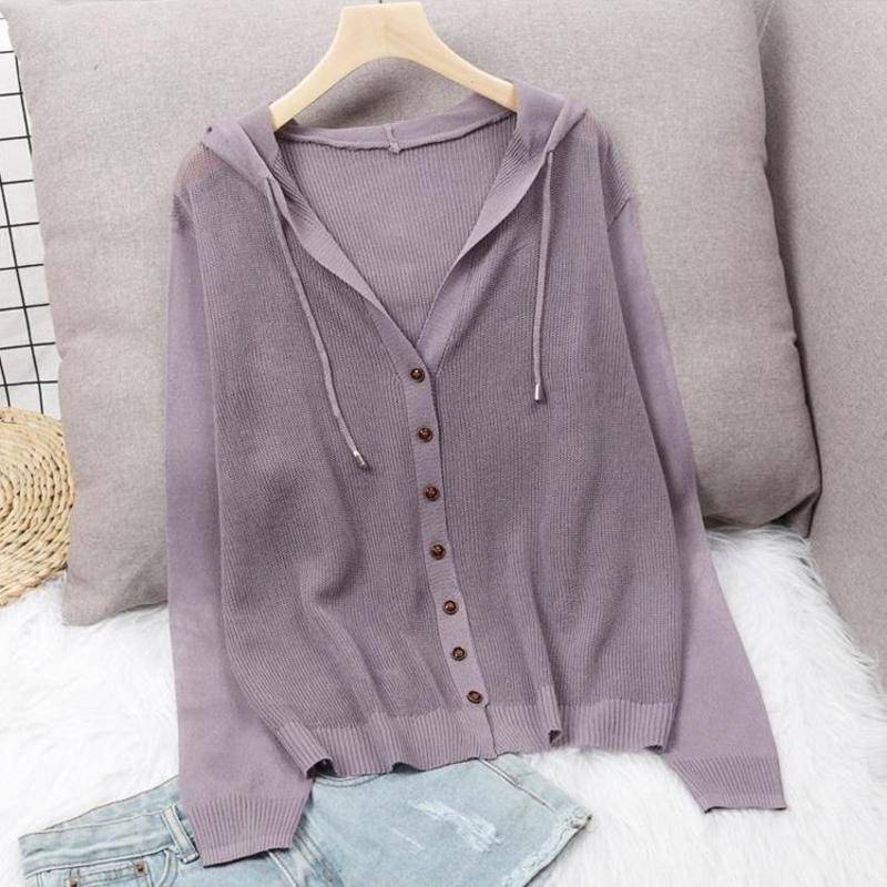 Áo Khoác Cardigan Dệt Kim Mỏng Có Mũ Trùm Phối Nút Thời Trang Mới 2022 Cho Nữ