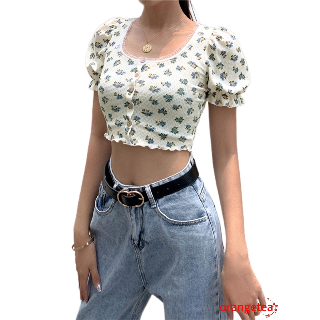 Ladies Floral Print Round Neck Ruffle Short Sleeve T-shirts