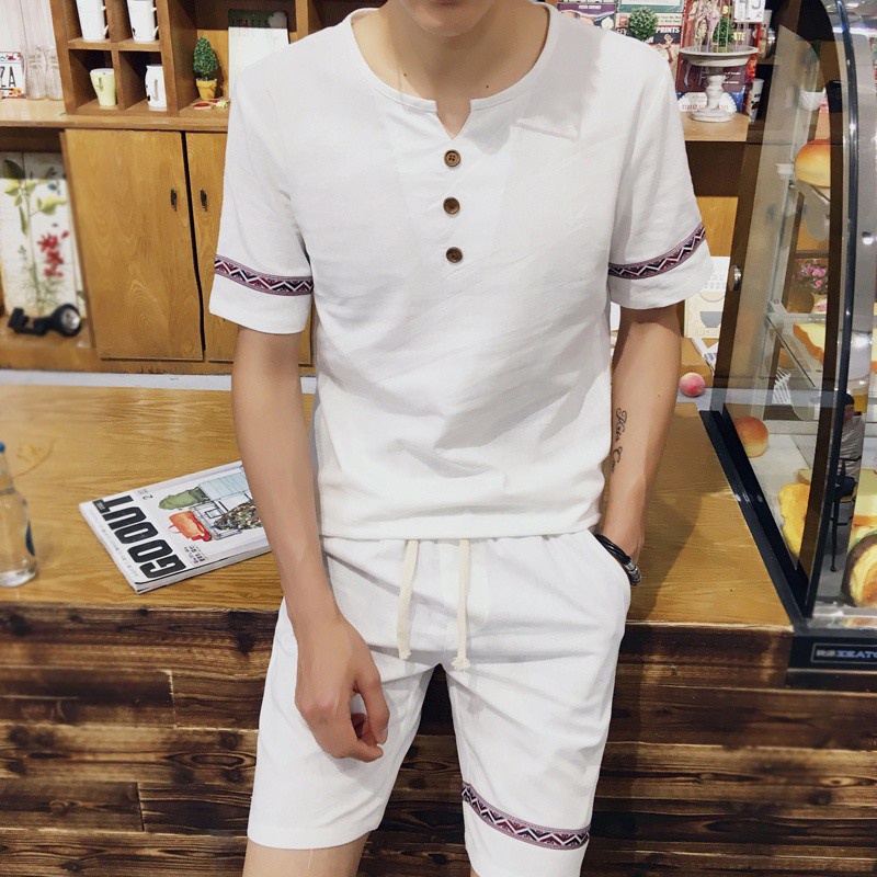 Chinese-Style Casual Men's Linen Suit Shorts Men's Short-SleeveTT-shirt Cotton and Linen Suit Men's Clothing A56 P35