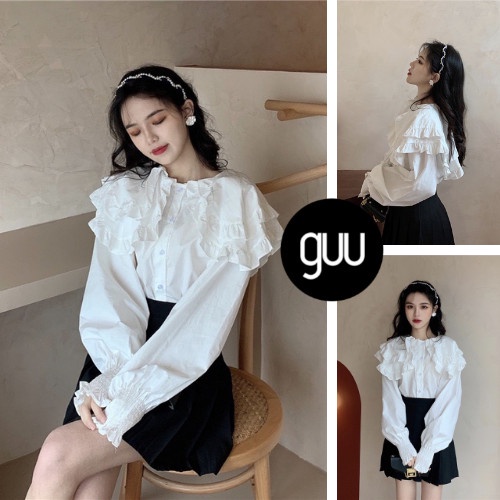 Áo sơ mi bánh bèo màu trắng GUU cổ hai tầng ống tay dài bo chun màu trắng có cúc cài chất thô lụa mềm