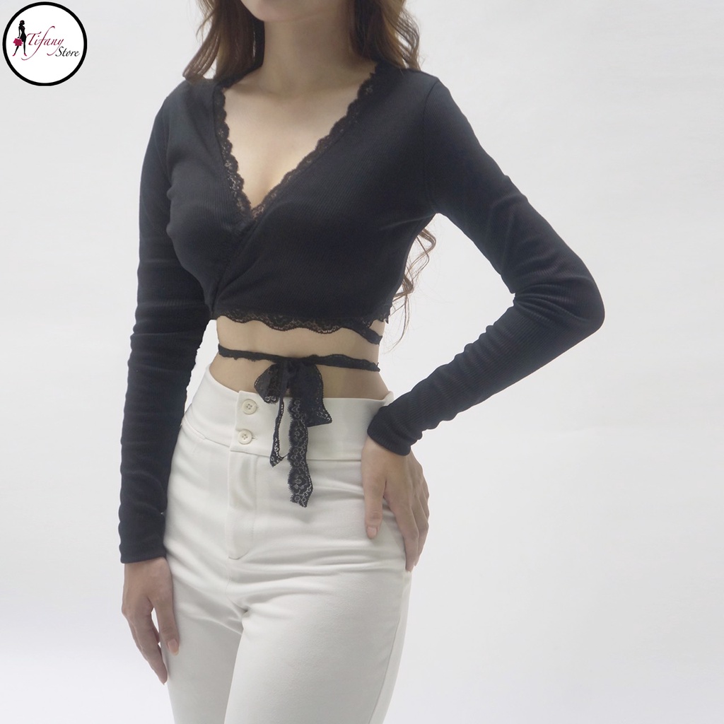 Áo Croptop Viền Bèo Tay Dài Cột Dây Eo Big Size Dưới 80Kg Chất Thun Màu Trắng "REN"