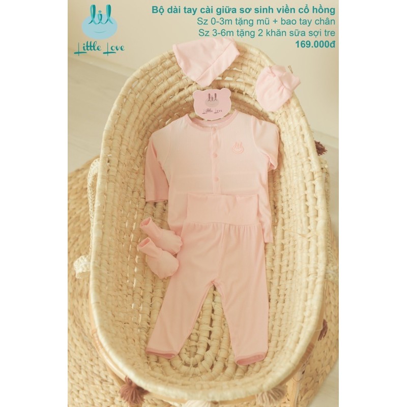 LIL-Bộ dài tay sơ sinh bamboo (size 3-6M tặng 2 khăn sữa bamboo sợi tre)