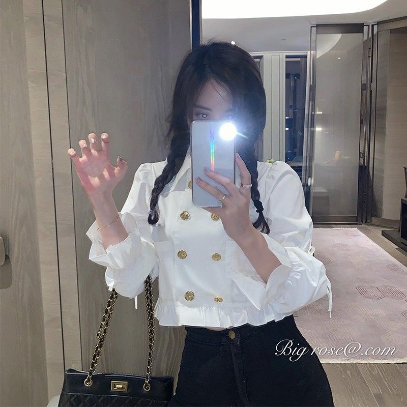 Áo sơ mi hai hàng cúc lính chì tay bo cổ đức nữ tính phong cách hàn quốc - Có ảnh thật