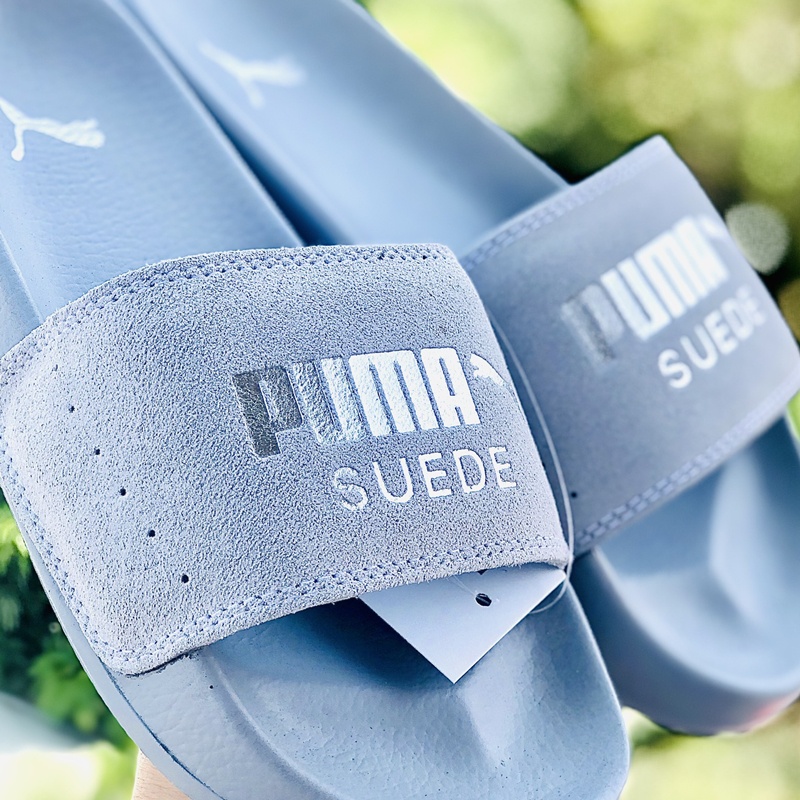 Dép puma da lộn, FREESHIP + Hộp hãng, dép puma quai ngang hình con báo nam nữ thể thao kèm tem tag mác,full xám