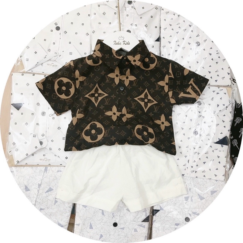 Áo sơ mi lụa bé trai, set sơ mi lụa bé trai, quần đũi thô bé trai