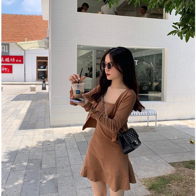 Váy 2 dây ôm body kèm áo trẻ trung cá tính / Váy ôm body kèm áo cadigan dài tay