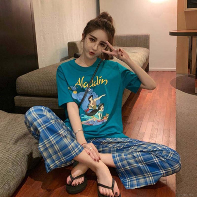 Bộ Đồ Ngủ Tay Ngắn Vải Lụa Sữa In Họa Tiết Hoạt Hình Dễ Thương Thời Trang Mùa Hè Dành Cho Bạn Nữ Mặc Tại Nhà