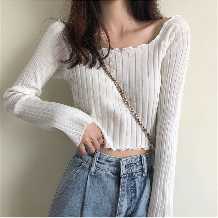 Áo Croptop Sweater Dài Tay Với Thiết Kế Hở Eo Xinh Xắn Dành Cho Nữ 9308