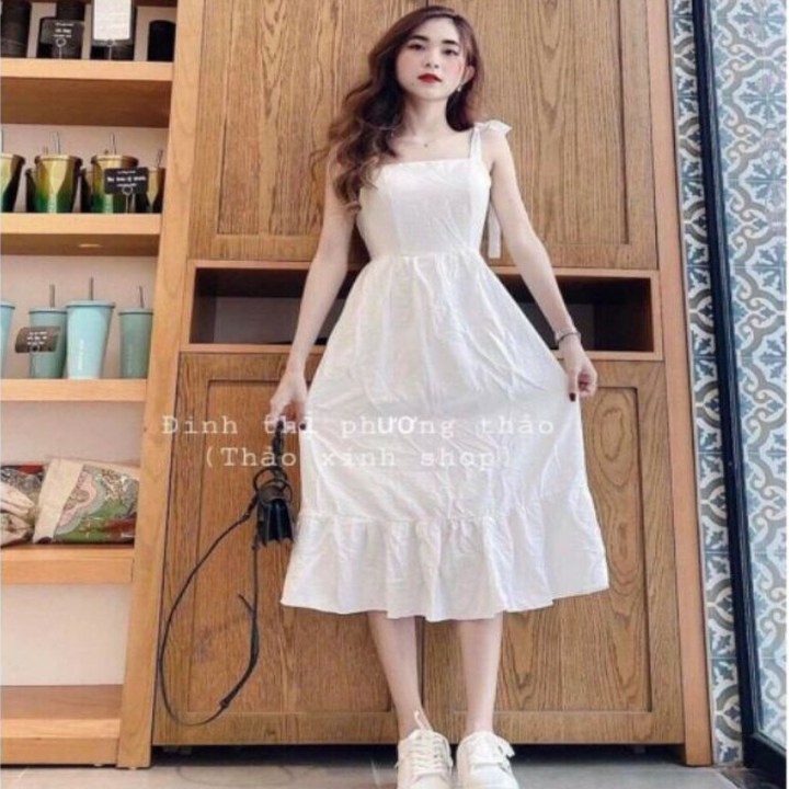 [Mã FAMAYWA2 giảm 10K đơn 50K] Váy Trắng Nữ Hai Dây, COS, Đầm 2 Dây, Buộc Nơ Đuôi Cá, Eo Chun Chất Đũi Dáng Dài, V001 | BigBuy360 - bigbuy360.vn