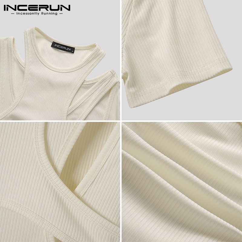 Áo thun INCERUN tay ngắn cổ tròn màu trơn đơn giản cho nam