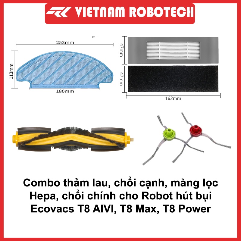 Combo Phụ kiện dự phòng cho Robot T8 AIVI (Gồm 1 chổi giữa, 2 chổi cạnh, 1 màng lọc, 1 thảm lau) -  VIETNAMROBOTECH