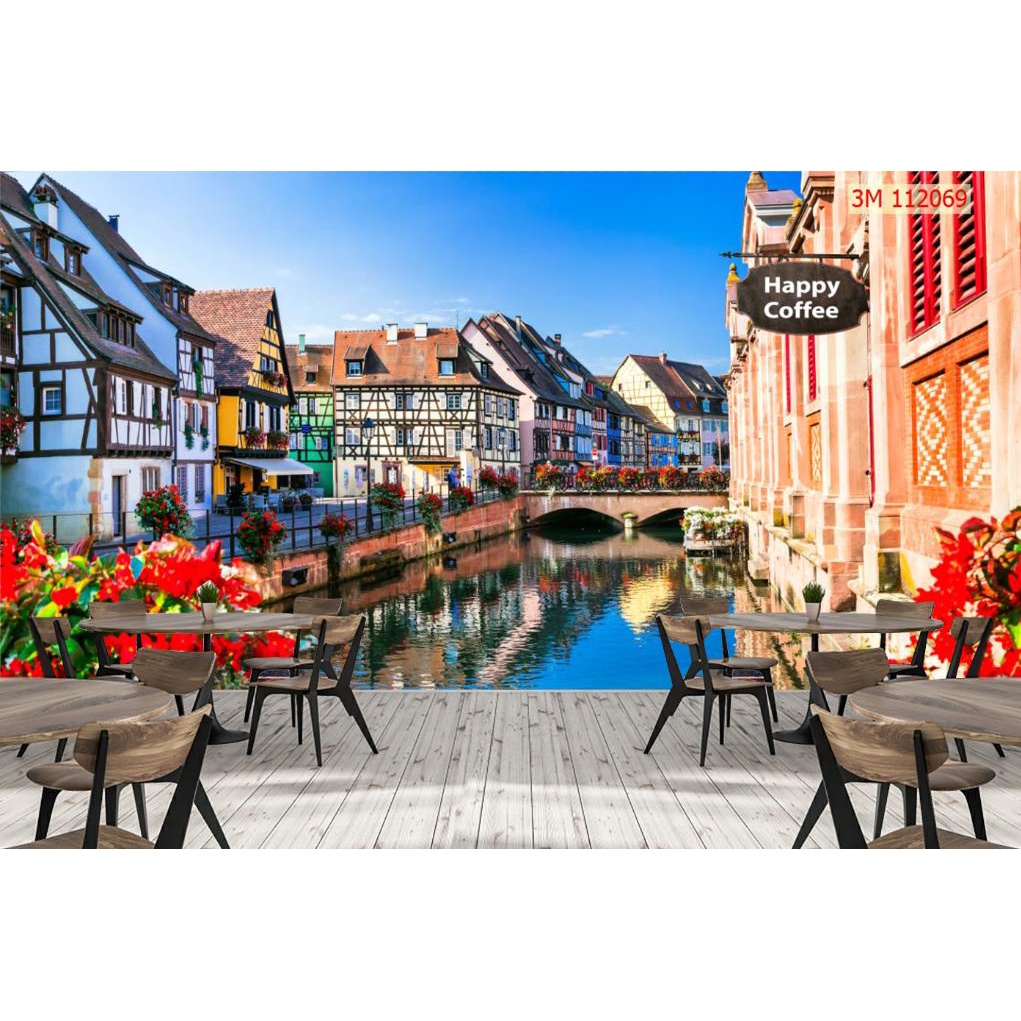Tranh dán tường 3D trang trí quán cafe trà sữa trà chanh chất liệu decal pp keo sẵn giá rẻ đẹp 004