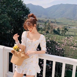 Đầm nữ trắng họa tiết cherry vàng cúp ngực công chúa siêu xinh - cece house