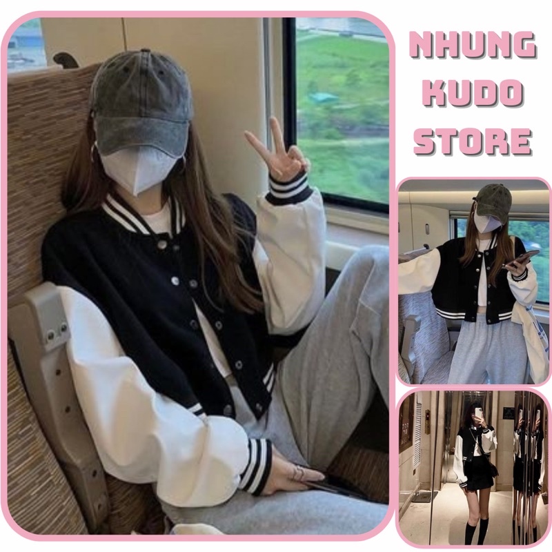 Áo khoác bóng chày, jacket bomber croptop nỉ tay phối da phong cách thể thao năng động Nhungkudostore