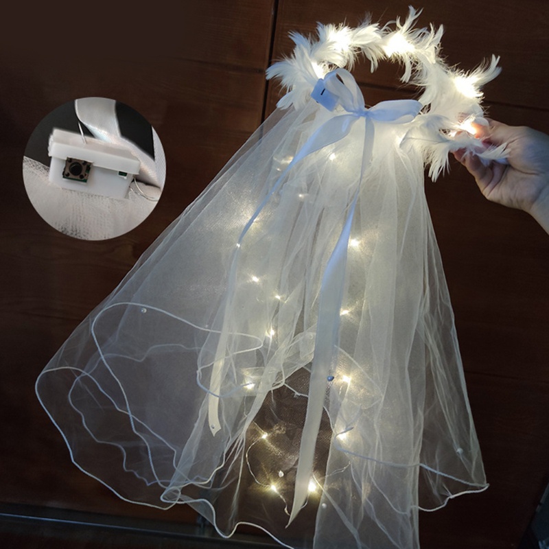 Mạng Che Mặt Phối Ren Và Lông Vũ Có Đèn LED Đẹp Mắt Cho Nữ