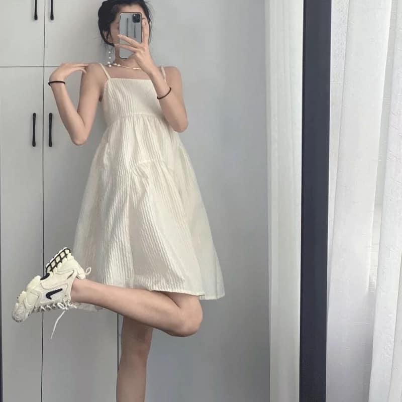 Đầm Babydoll Hai Dây Đũi Nhăn 🌺 Váy suông trơn màu trắng basic thiết kế tiểu thư bánh bèo, mặc đi biển style Ulzzang 🌺