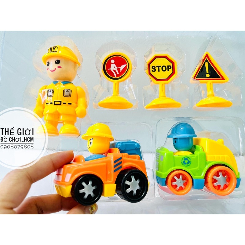 [VỪA HỌC-VỪA CHƠI] Đồ chơi mô hình chú công nhân chó cứu hộ, xe công trình có biển báo.