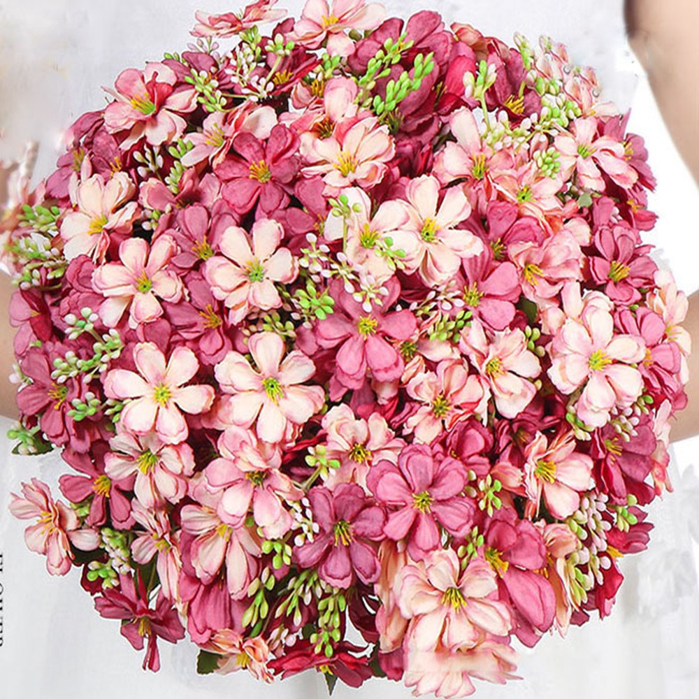 ☆YOLA☆ Cute DIY Wedding Flowers 18 Heads Cherry Blossoms Artificial Decorative Flower One Bouquet 6 Branch Table Decoration 6 Styles Home Room/Multicolor