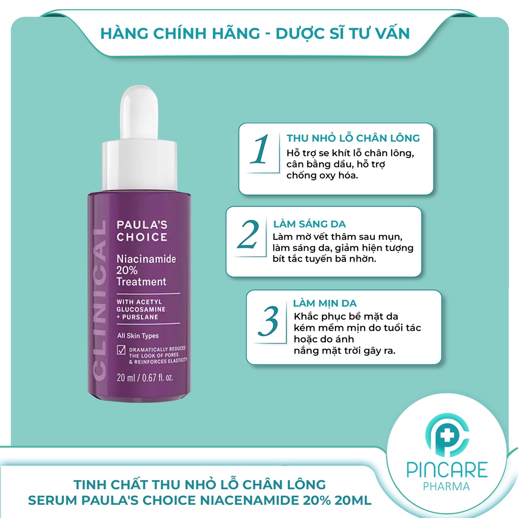 Tinh chất se khít lỗ chân lông Paula's Choice Clinical Niacinamide 20% Treatment 20ml -Hàng chính hãng-Nhà thuốc Pincare