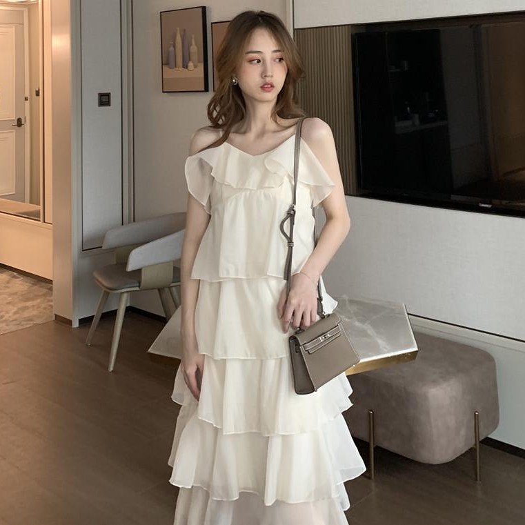 Đầm Voan Tầng Dài Hai Dây Đi Chơi LABELLE Màu Trắng Kem DC351 | BigBuy360 - bigbuy360.vn