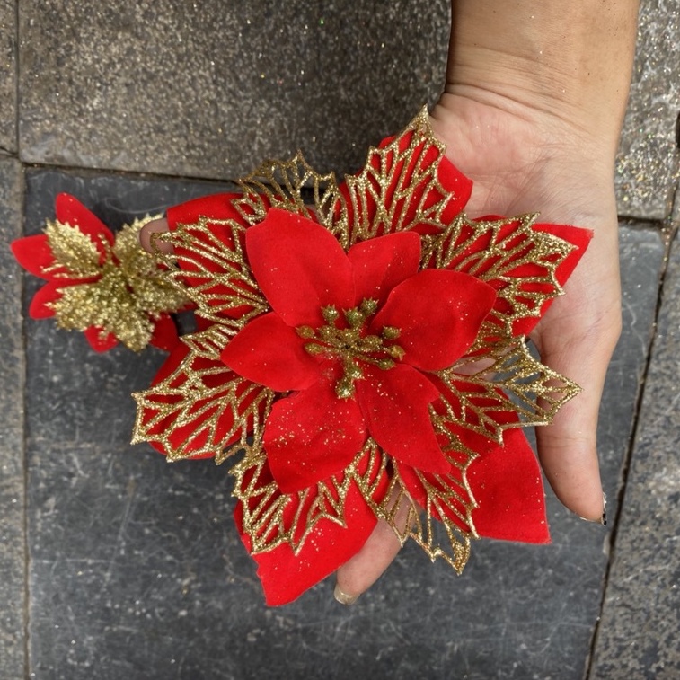 Hoa vải trạng nguyên to 16cm phủ nhũ, kim tuyến trang trí oản tài lộc, giáng sinh noel, vòng nguyệt quế