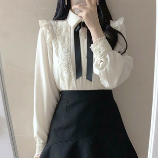 [ ORDER TAOBAO] Áo sơ mi phối ren bèo kèm nơ cổ
