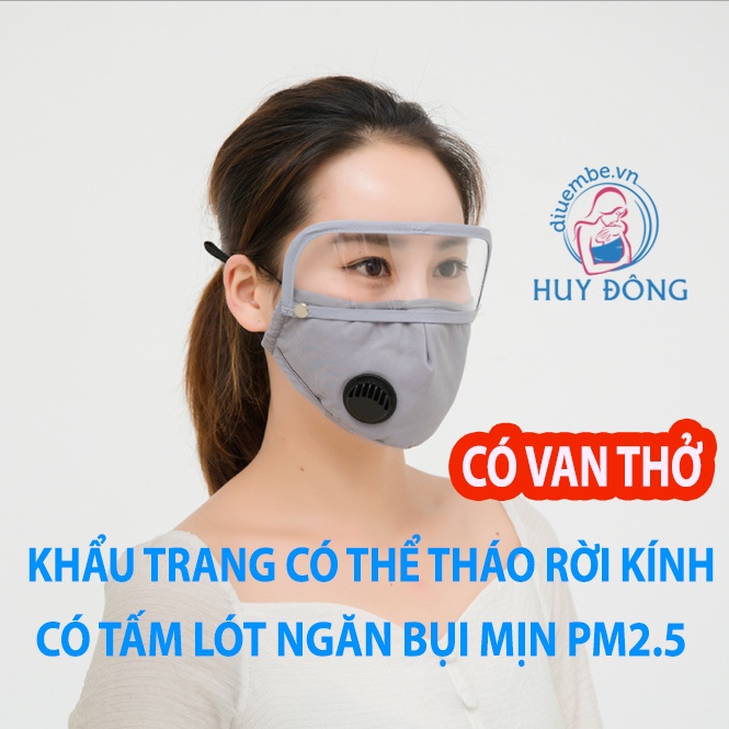 KHẨU TRANG VẢI CHỐNG BỤI MỊN PM2.5 - KÍNH BẢO VỆ MẮT CÓ THỂ THÁO RỜI - CÓ VAN THỞ- MÀNG LỌC 5 LỚP