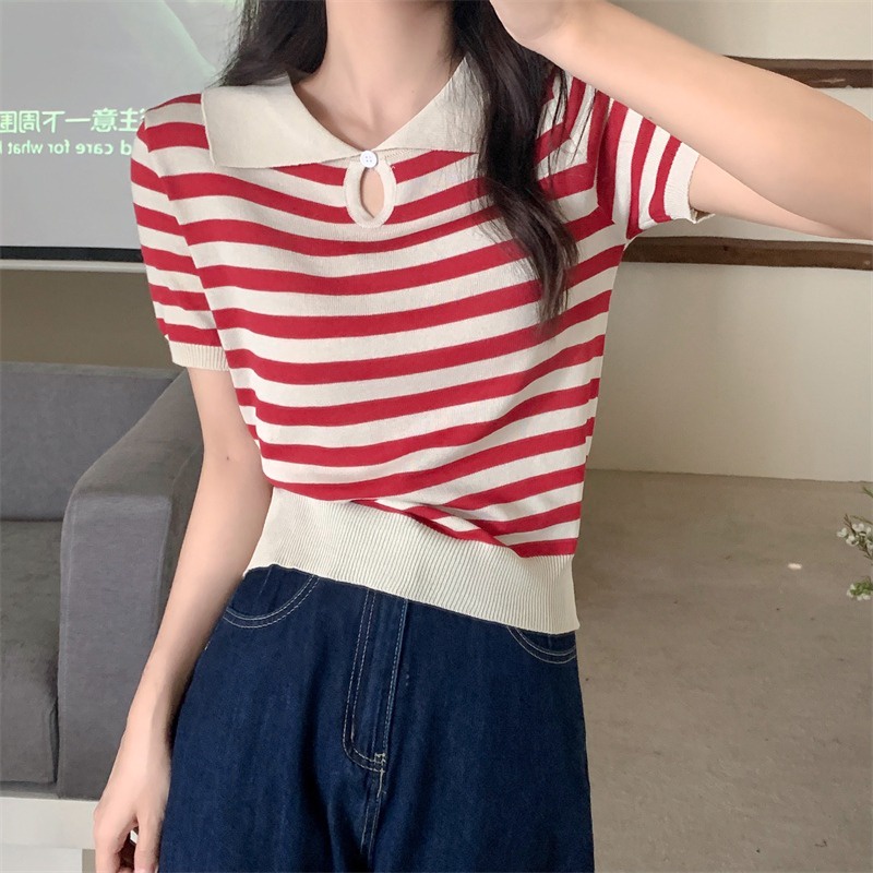 Áo Thun POLO Dệt Kim Ngắn Tay Họa Tiết Kẻ Sọc Thời Trang