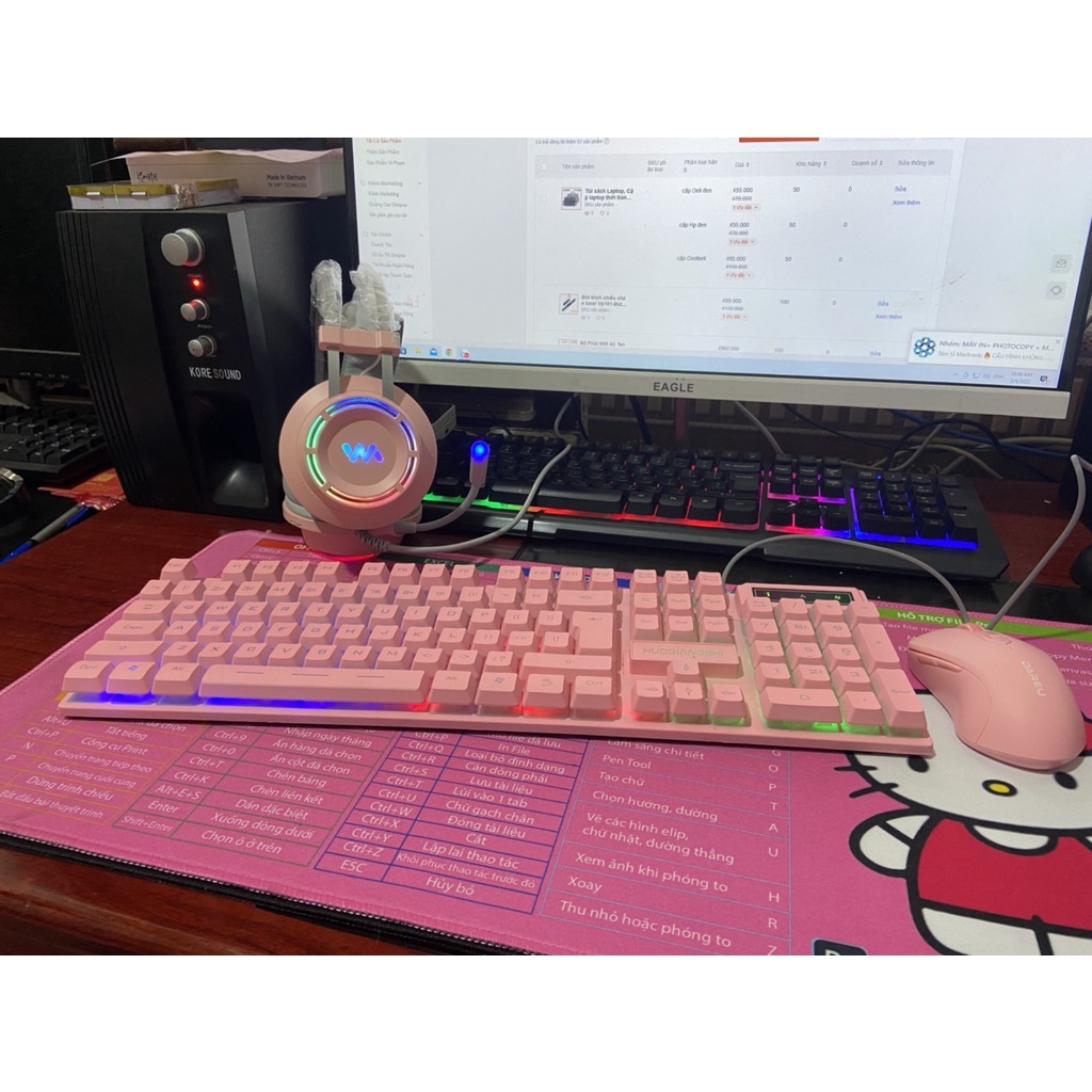 Combo Phím Giả Cơ + Chuột Không Dây Dareu + Tai Nghe Gaming Chính Hãng + Bàn di 30*80 - Full Màu Hồng