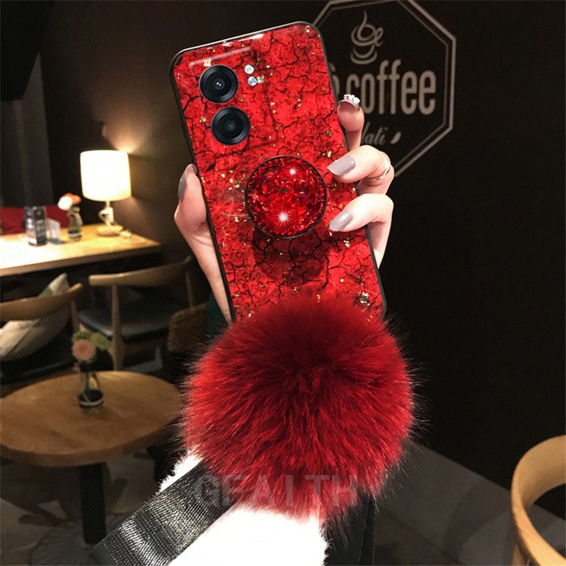 Ốp Điện Thoại Họa Tiết Vân Đá + Banh Lông Cho OPPO A98 5G A78 A58 A17 A57 A77 A77S Reno8T 9 8 7 Pro Plus 4G C55 C33