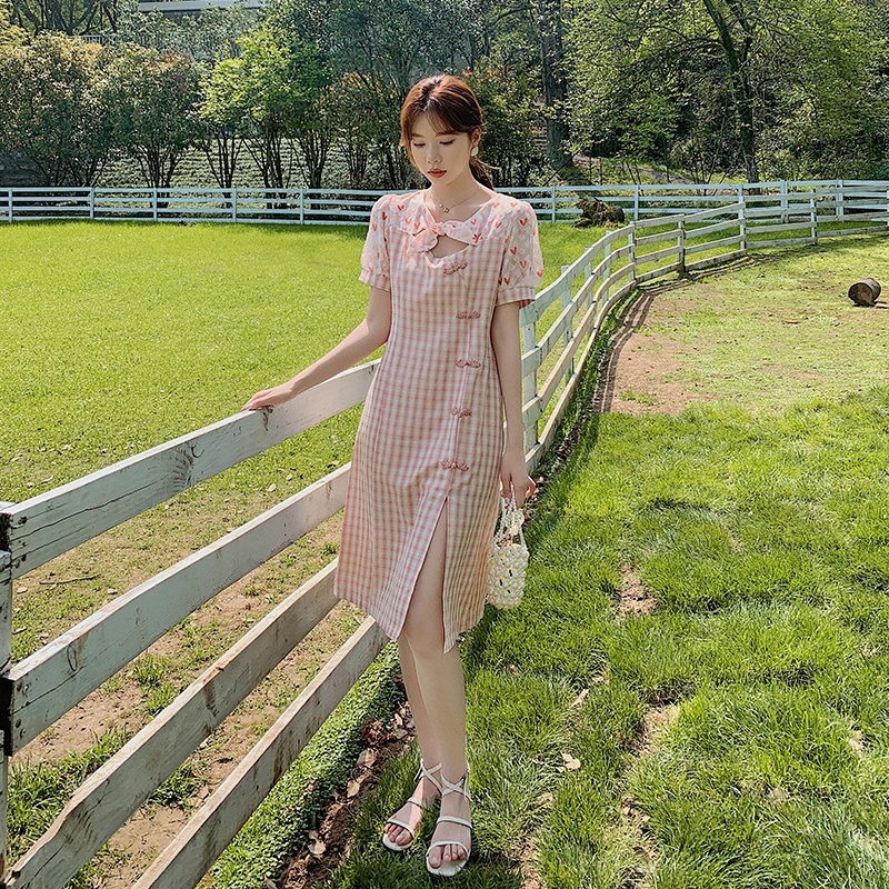 Real Shot Spot Plaid Floral Chiffon Dress Women Can Be Sweet and Salt Temperament Age Reduction Small Modified Cheongsam a Skirt Button Split Bow Pink S M L XL