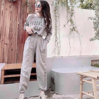 Bộ quần jogger bo gấu áo dài tay dây rút croptop in chữ 2 màu cá tính