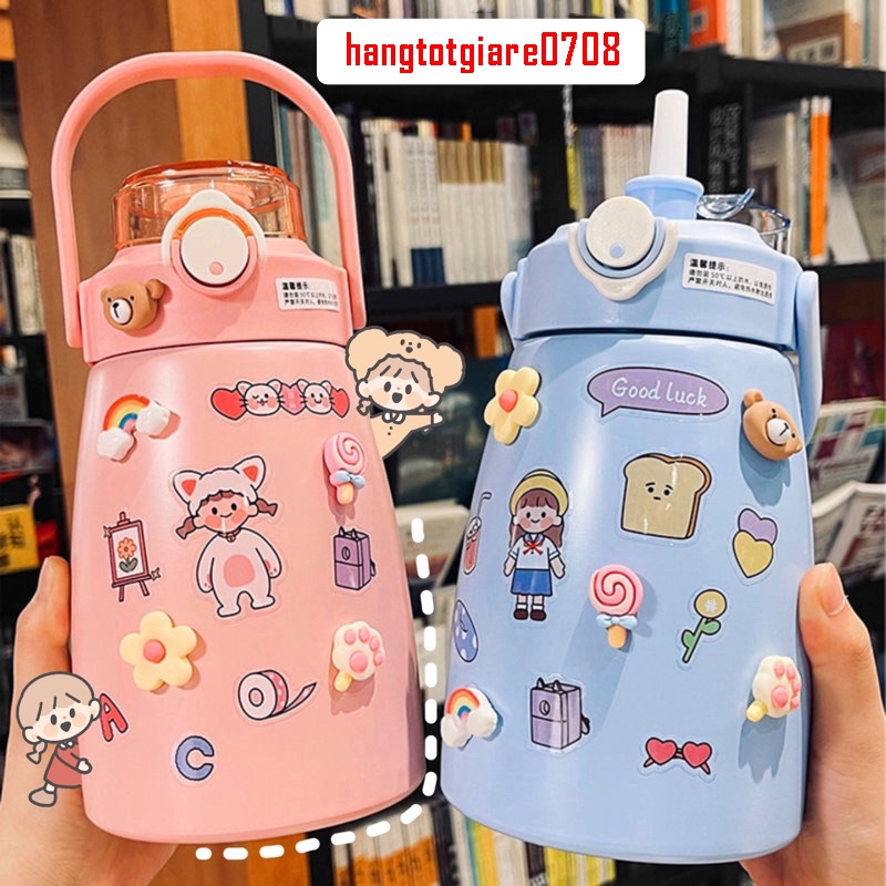 bình Giữ Nhiệt Cute Có Ống Hút Chất Liệu Inox 304 Giữ Nhiệt 8-12 Tiếng Sticker Tặng Kèm Cute