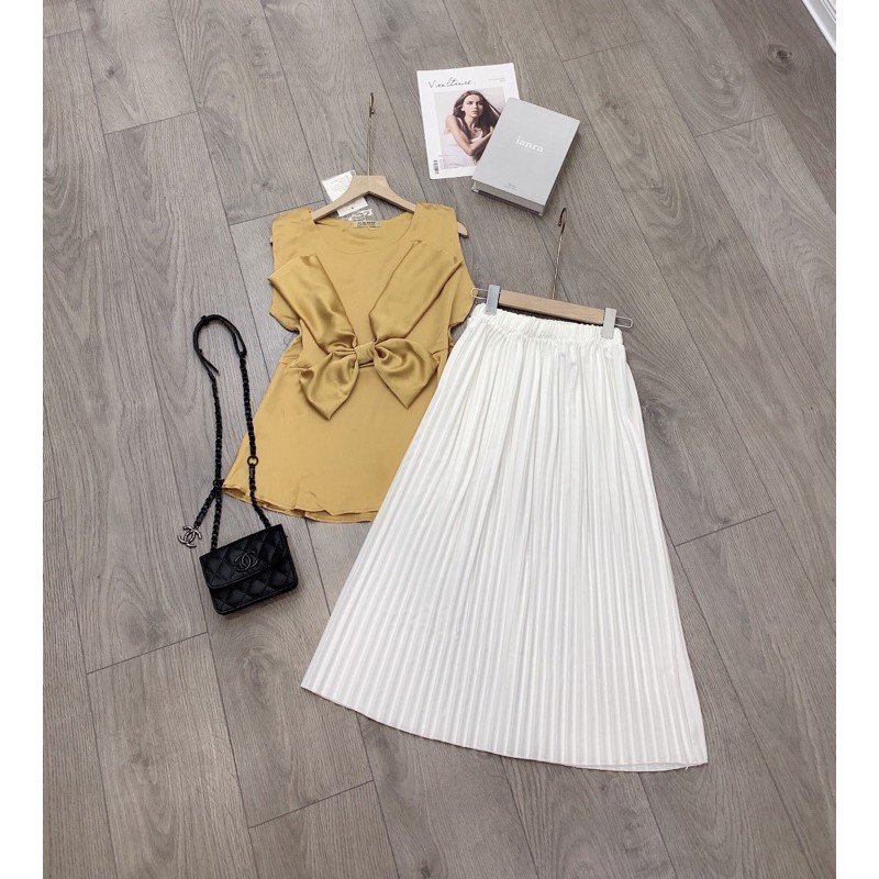 Set áo nơ chân váy dập ly cực xinh (Ảnh thật trải sàn) | BigBuy360 - bigbuy360.vn