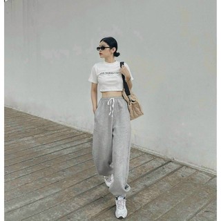 Set áo croptop love trắng phối quần bo gấu xám unisex (Ảnh thật)