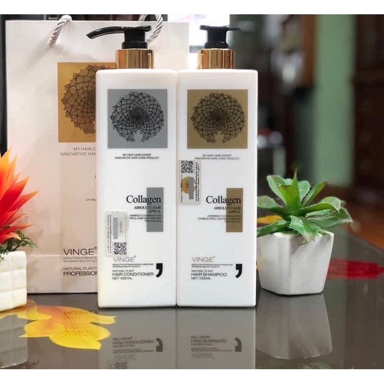 Cặp̣ dầu gội và dầu xả VINGE PLUS Collagen chính hãng, siêu mượt, phục hồi tóc hư tổn 1000ml