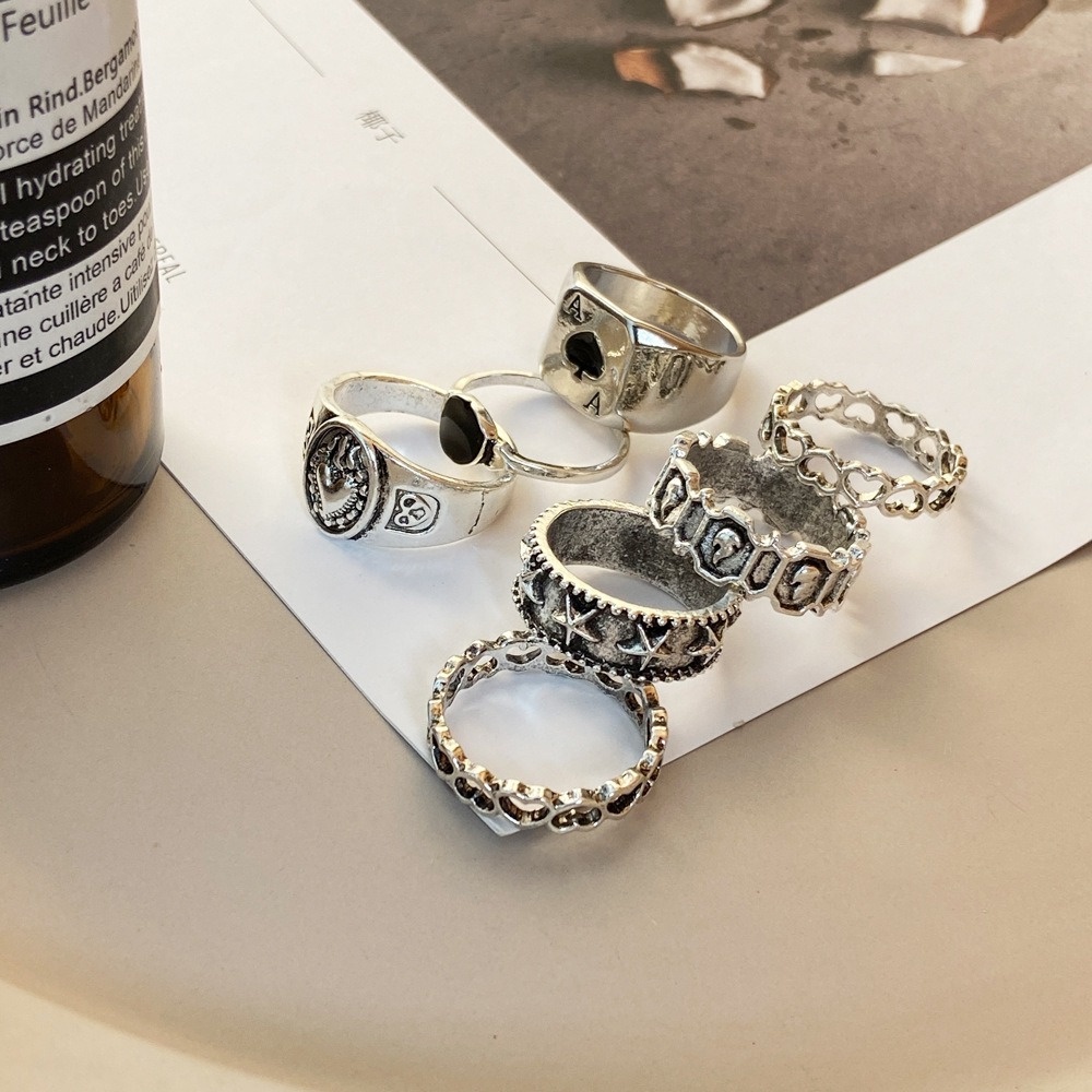 Set 5 nhẫn bạc họa tiết hình học sáng tạo thời trang
