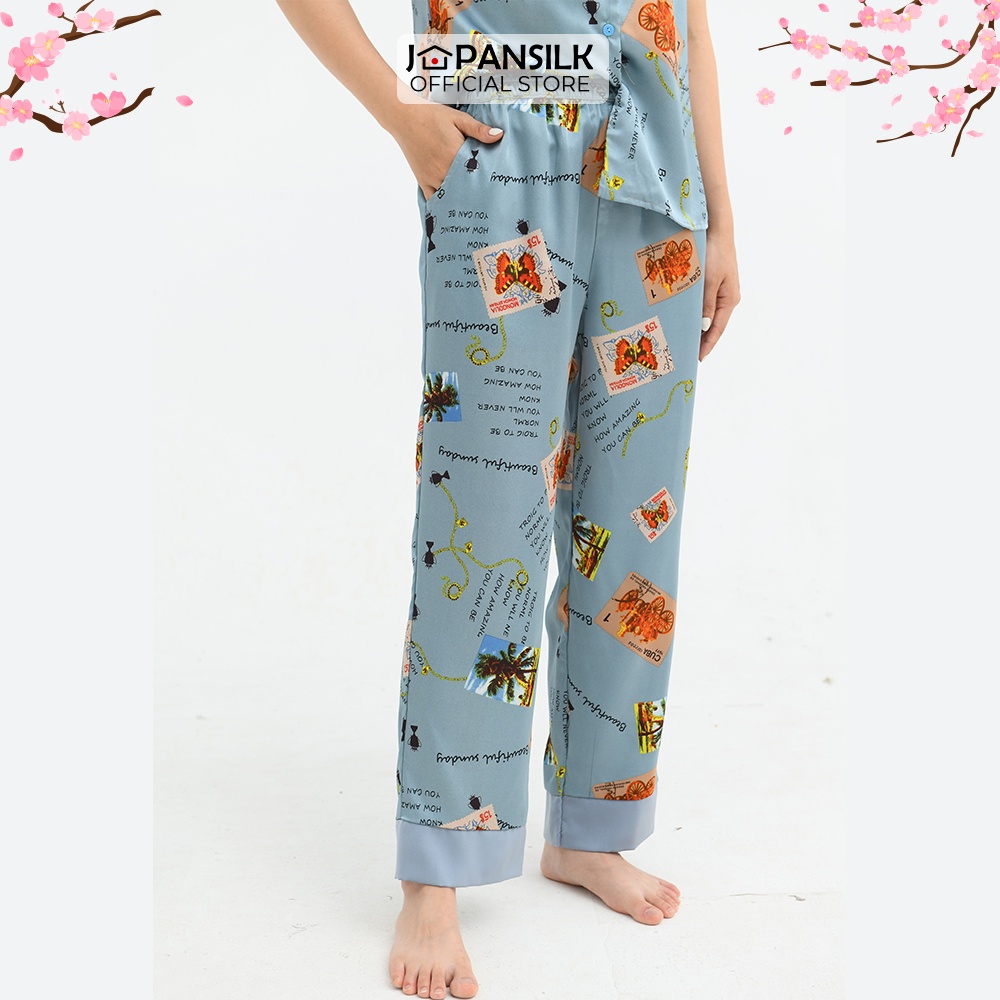 Bộ Ngủ Lụa Satin Pijama Cao Cấp JAPAN SILK Áo Cộc Quần Dài Họa Tiết Tem Thư Vintage