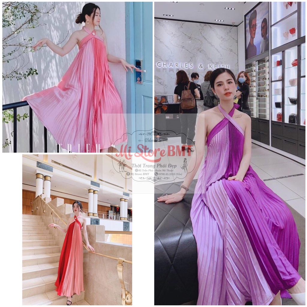 Đầm maxi đi biển váy dáng dài maxi dập ly phối màu kèm ảnh thật tại Shop