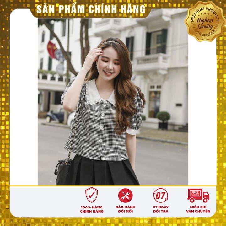 Áo Sơ Mi Nữ Kẻ Caro Đen cổ bèo, Áo Nữ Công Sở Ngắn tay Dáng Đẹp Kiểu Hàn Quốc Gloria Shop | BigBuy360 - bigbuy360.vn