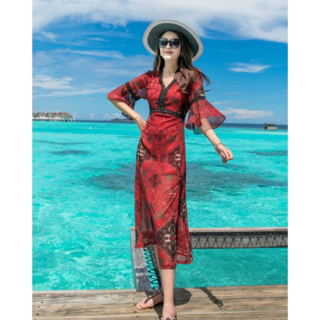 XIÊU MẪU THỜI TRANG ĐẦM XÒE CỔ CHỮ V PHỐI REN TAY LOE IN HỌA TIẾT HOA VĂN : RẺ VÔ ĐỊCH